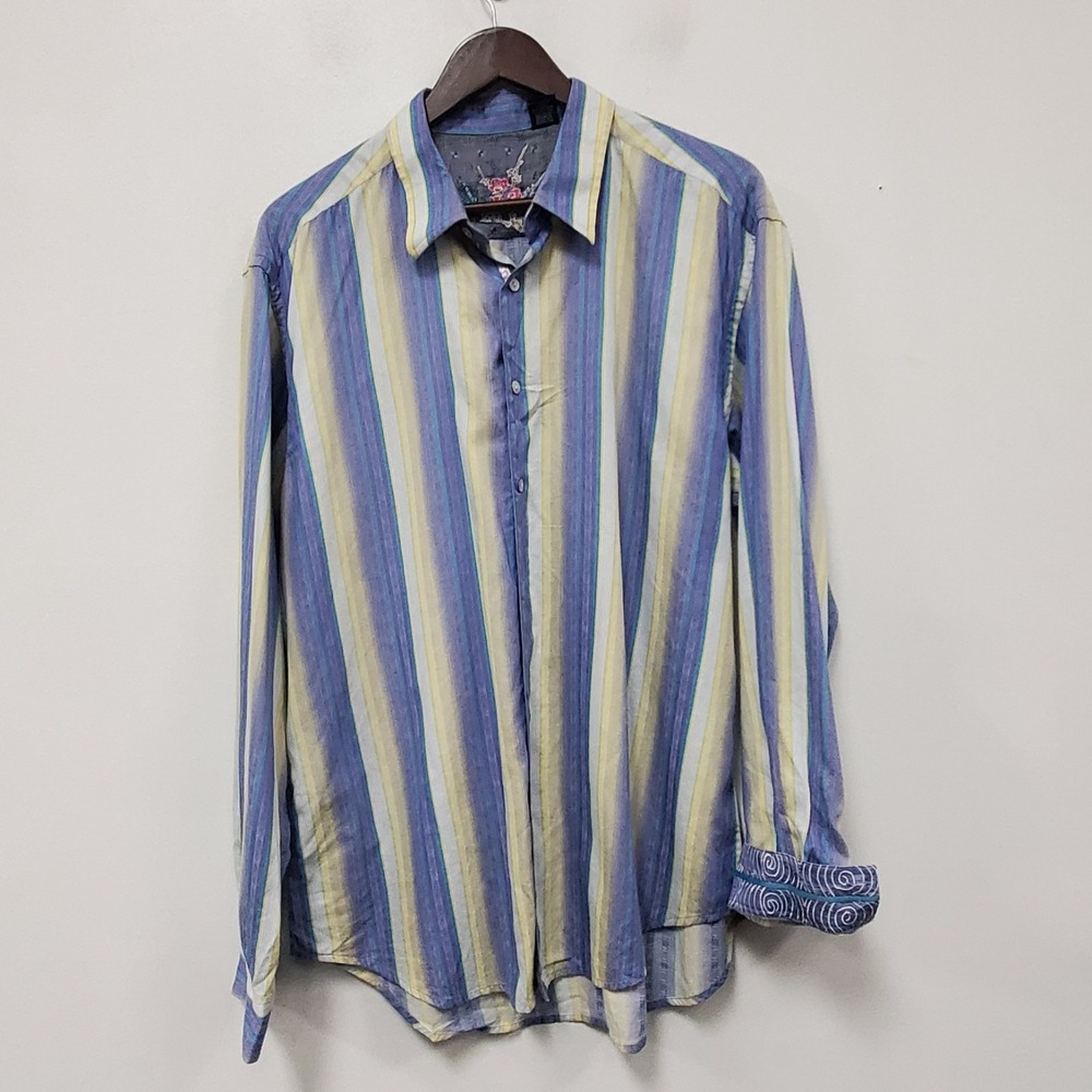 Robert Graham Men Long Sleeve Flip Cuff Shirt Size XL Striped Button Embroidered